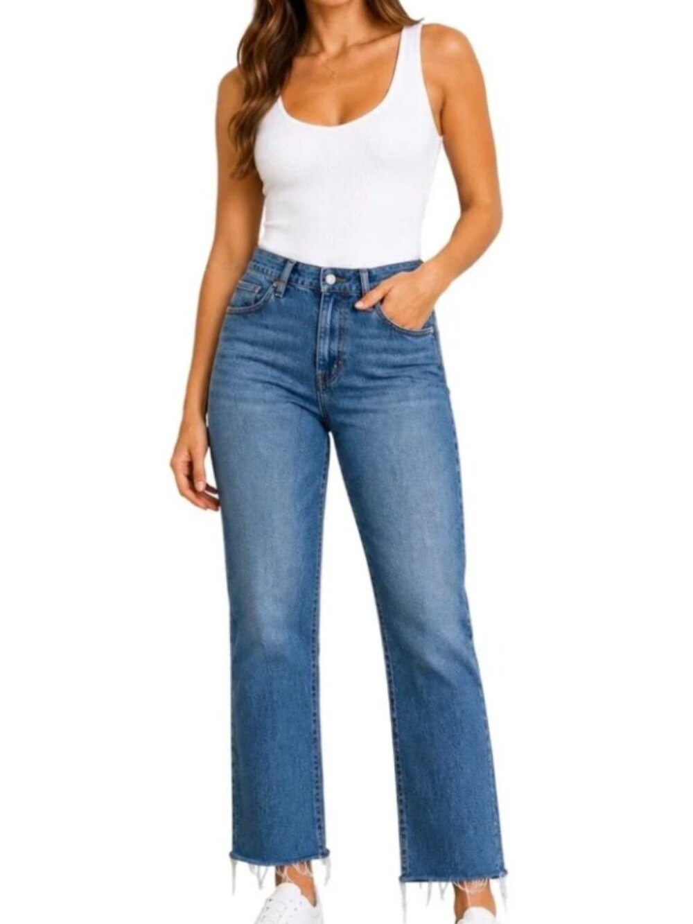 Good American Raw Hem Good Curve Baby Step High Rise Straight Jeans Stretch 8 29